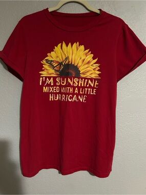 Red Short-Sleeve Graphic Tee with Sunflower & Butterfly Print